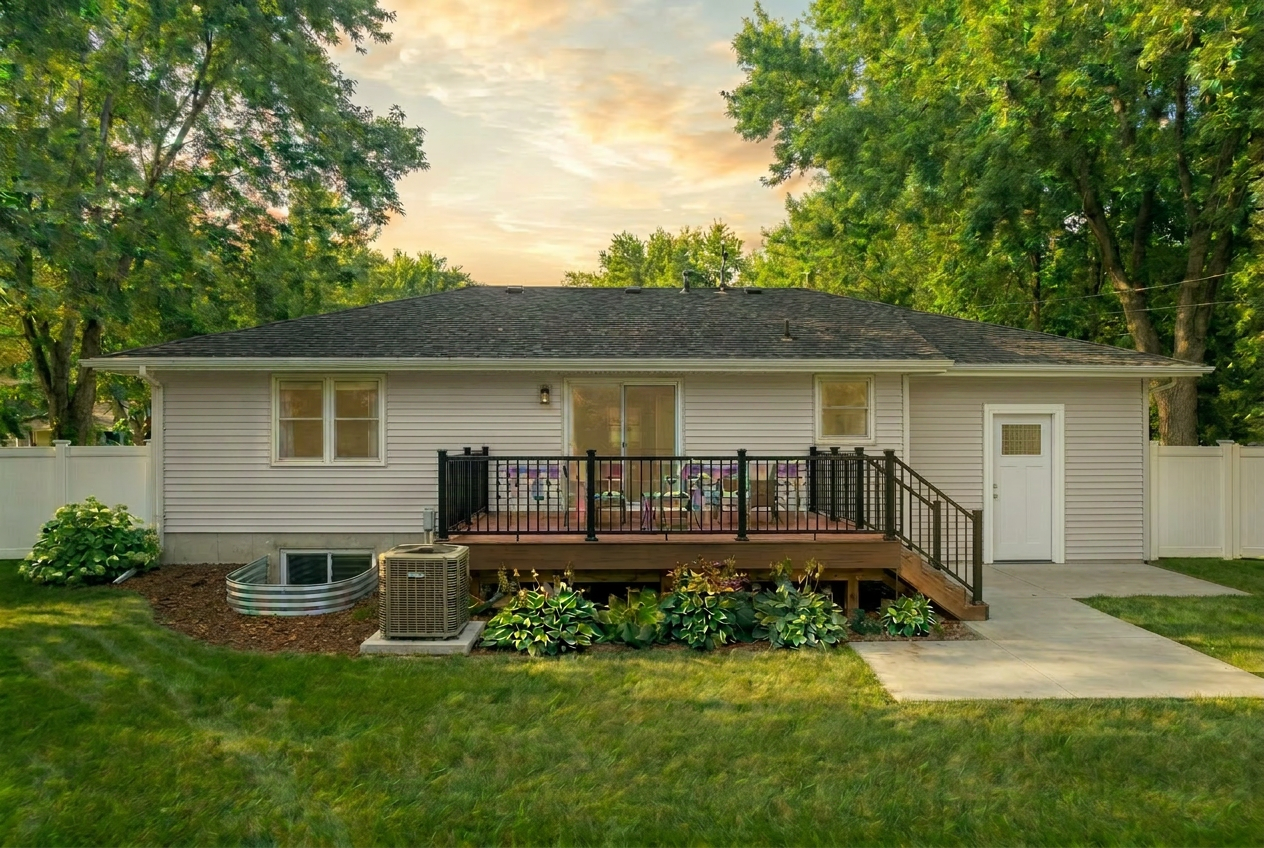 Backyard with composite deck and black aluminum railings