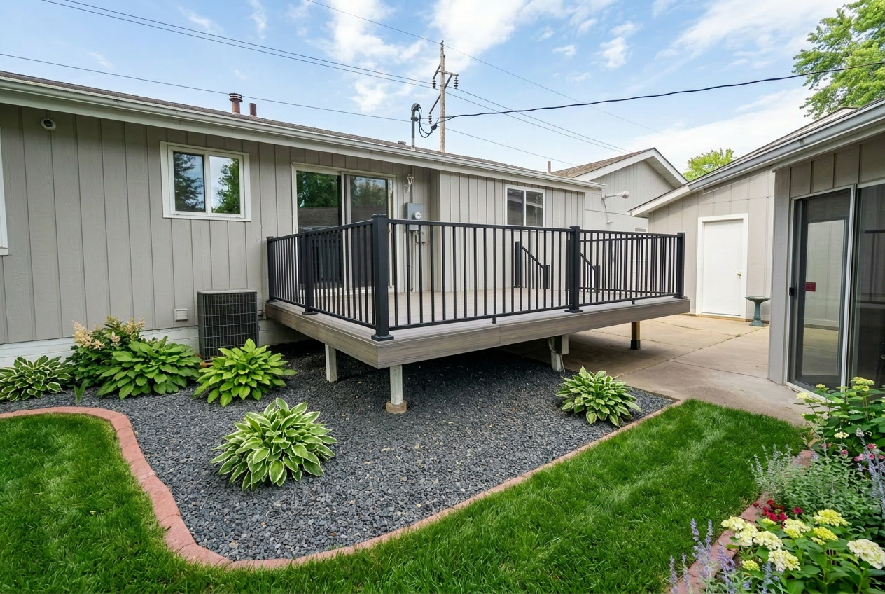 Rear exterior with enhanced landscaping around the deck