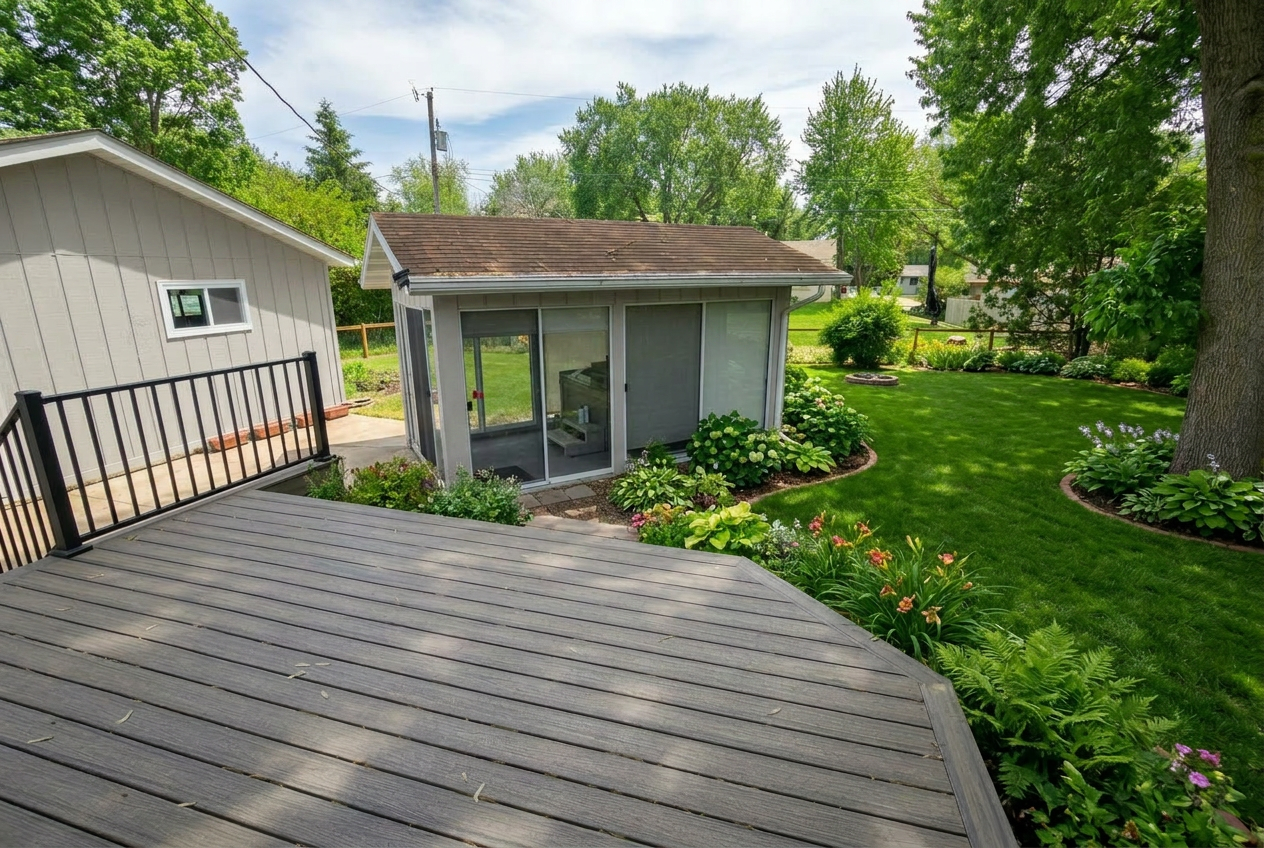 View from the deck overlooking the landscaped yard
