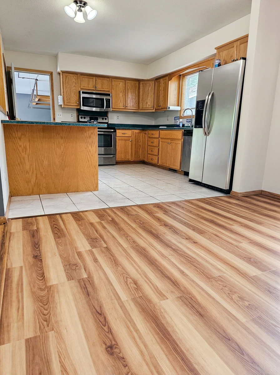 Bright kitchen with oak cabinetry and stainless appliances